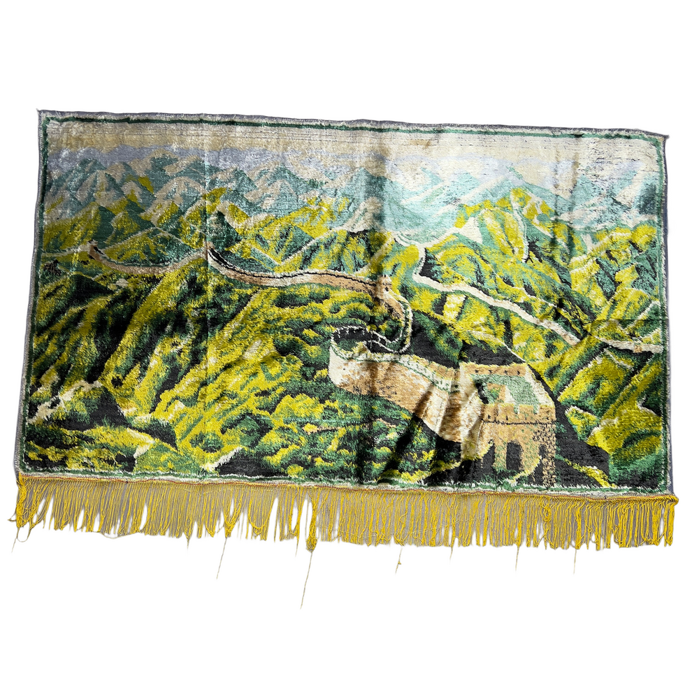 Vintage Swan Velveteen Tapestry Great Wall Of China 3 X 4.5 Ft Fringe Multicolor